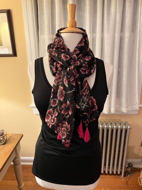 Black Floral Scarf with Pink Tassels - Women's Accessory